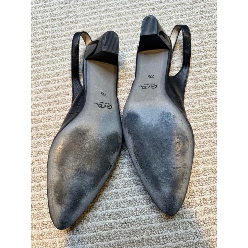Ara Black Leather Slingback Block Heel Shoes Women's Size‎ 7.5